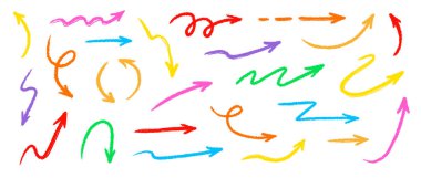 Ok pastel kalem tebeşirle renk çizgisi vuruşu. Çizim tebeşiri renkli kalem desenli çocuk ok ikonu. El çizimi grunge fırça çizimi çizim yönü belirlendi. Vektör illüstrasyonu