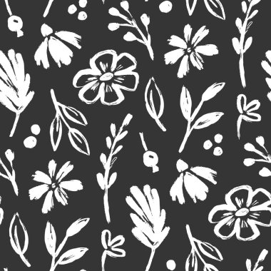 Çiçekli fırça izi yok. Çiçek soyut el fırçası boya arka planı. El çizimi, yapraklı çiçekli boyanın kusursuz deseni. Tebeşir desenli çiçek arkaplanı. Vektör illüstrasyonu