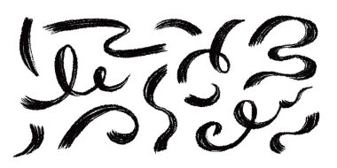 Fırça darbesi kıvrımlı boya seti. El çizimi karalama fırça fırçası kıvrımlı kömür vuruşu. Çizgi kıvrımlı, kıvrımlı, mürekkep çizili el yazısı elementleri. Vektör illüstrasyonu.