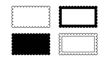 Kenar çerçeve istiridye kenar dikdörtgen vektör şekli. Dalga deniz tarağı kıvrımlı sevimli basit dikdörtgen kenar takımı. Basit dalgalı kıvrımlı çizgi eski fotoğraf çerçevesi. Vektör illüstrasyonu