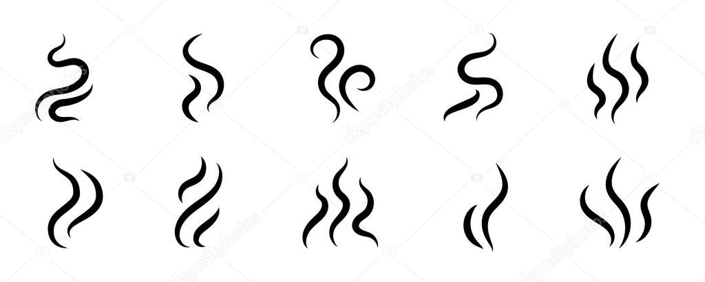 Smoke steam icon vector logo set. Smoke smell, steam aroma heat icon illustration. Hot vapor fire doodle line logo. Hit stink, coffee, fragrance flame elements. Vector illustration.