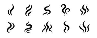 Buhar ikonu vektör logosu hazır. Duman kokusu, buhar aroması ısı ikonu çizimi. Sıcak buhar ateş karalama hattı logosu. Koku, kahve, güzel kokulu alev elementleri. Vektör illüstrasyonu.