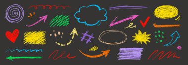 Boya kalemi rengi fırça el çizimi tebeşir vektör elemanı ayarlandı. Pastel desenli fırça darbeleri kare, spiral, ok elementli el çizimi tasarım. Kalem stili boya. Vektör illüstrasyonu