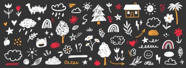 Tatlı çocuk çiçeği, bulut, yaz çizimi. El çizimi karalama, çocukların şirin vektör okulu tebeşiri. Çocuklar pastel boya çizgileri çizer çiçekler, bulut şekilleri. Vektör illüstrasyonu