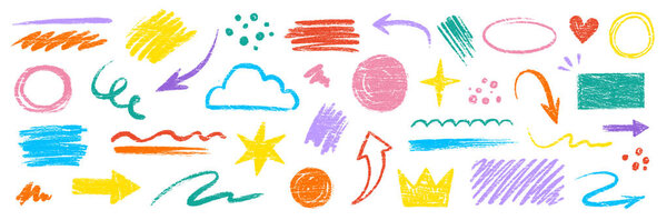 Crayon pencil color brush hand drawn chalk vector element set. Scribble pastel texture brush stroke kid square, spiral, arrow element hand drawn sketch design. Crayon pencil style. Vector illustration