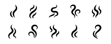 Buhar ikonu vektör logosu hazır. Duman kokusu, buhar aroması ısı ikonu çizimi. Sıcak buhar ateş karalama hattı logosu. Koku, kahve, güzel kokulu alev elementleri. Vektör illüstrasyonu.