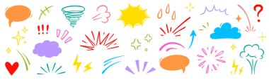 Çizgi film efekti şirin element seti. Çizgi roman konuşma balonu, emoji sembolü, yıldız kıvılcımı, çizgi hareketi çizgi film ikonu. Güzel el çizimi hız hareketi, komik kıvılcım. Vektör illüstrasyonu