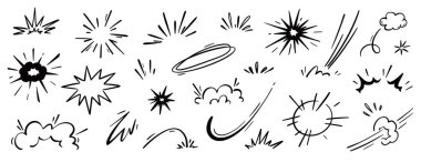 Çizgi film patlama hızı etkisi, patlayıcı hareket çizgisi elementi ayarlandı. Çizgi roman patlaması, patlayıcı duman, çizgi çizgi film vektör ikonu. El çizimi karalama aksiyon efekti. Vektör illüstrasyonu..