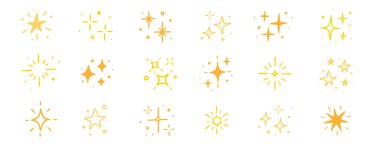 Parıldayan yıldız vektör ögesi simgesi. Altın yıldızlı pırıltılı parıltı, kıvılcım saçan el, parlak ikon seti. El çizimi karalama stili. Sihirli hafif altın dekorasyon arka plan vektör illüstrasyonu