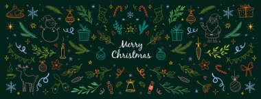 Noel ağacı, yaprak, kutsal çiçek arkaplanı. El çizimi karalama, Holly Çiçeği, Noel ağacı yaprakları, kış çamı. Tatil süsü, kırsal çelenk çizimi. Vektör illüstrasyonu