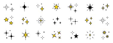 Parıldayan yıldız vektörü parlak sihirli ışık simgesi parlıyor. Yıldız parıltısı parıltısı parıltısı parlama simgesi seti. El çizimi karalama stili. Sihirli ışık piktogram vektör çizimi.