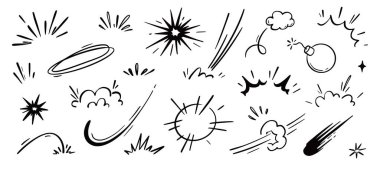 Çizgi film patlama hızı etkisi, patlayıcı hareket çizgisi elementi ayarlandı. Çizgi roman patlaması, patlayıcı duman, çizgi çizgi film vektör ikonu. El çizimi karalama aksiyon efekti. Vektör illüstrasyonu..