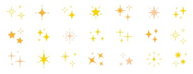 Parıldayan yıldız vektör ögesi simgesi. Altın yıldızlı pırıltılı parıltı, kıvılcım saçan el, parlak ikon seti. El çizimi karalama stili. Sihirli hafif altın dekorasyon arka plan vektör illüstrasyonu