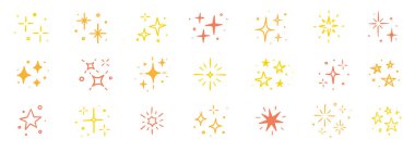 Parıldayan yıldız vektör ögesi simgesi. Altın yıldızlı pırıltılı parıltı, kıvılcım saçan el, parlak ikon seti. El çizimi karalama stili. Sihirli hafif altın dekorasyon arka plan vektör illüstrasyonu