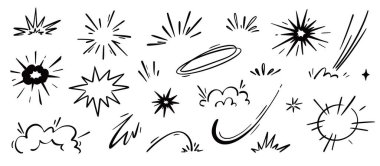 Comic cartoon boom speed effect, explosive motion line element set. Comic boom burst, explosive smoke, line speed cartoon vector icon. Hand drawn sketch doodle action effect. Vector illustration.. clipart