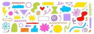 Pastel boya rengi karalama çizgisi fırça şekli. Fırça kalemi boya dokusu karalama şekli. Soyut tasarım grafik figürünün vektör el çizimi çerçeve arkaplan seti. Vektör illüstrasyonu