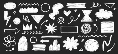 Kalem boyası fırça darbesi. Fırça kalemi tebeşiri deseni karalama şekli. Soyut tasarım grafik figürünün vektör el çizimi vuruşu arka plan seti. Vektör illüstrasyonu