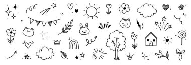 Sevimli çocuk ikonu çiçek, bulut, kalp geçmişi. El çizimi sevimli karikatür karalama etiketi seti. Çiçek, kalp, bulut çocuk unsurları. Vektör illüstrasyonu