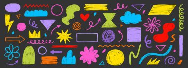 Pastel boya rengi karalama çizgisi fırça şekli. Fırça kalemi boya dokusu karalama şekli. Soyut tasarım grafik figürünün vektör el çizimi çerçeve arkaplan seti. Vektör illüstrasyonu