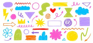 Pastel boya rengi karalama çizgisi fırça şekli. Fırça kalemi boya dokusu karalama şekli. Soyut tasarım grafik figürünün vektör el çizimi çerçeve arkaplan seti. Vektör illüstrasyonu