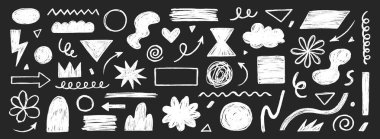 Kalem boyası fırça darbesi. Fırça kalemi tebeşiri deseni karalama şekli. Soyut tasarım grafik figürünün vektör el çizimi vuruşu arka plan seti. Vektör illüstrasyonu