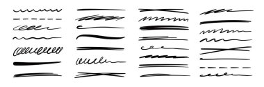 Çizgi fırça işareti altı çizili vektör seti. El çizimi karalama, kalem fırçası darbesi, altı çizili. İşaret vurgusu karalama çizimi grunge vurgusu. Vektör illüstrasyonu
