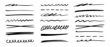 Çizgi fırça işareti altı çizili vektör seti. El çizimi karalama, kalem fırçası darbesi, altı çizili. İşaret vurgusu karalama çizimi grunge vurgusu. Vektör illüstrasyonu