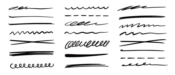 Набор векторных значений мазков мазков ручки. Ручной рисунок каракули набросок ручки кисть каракули подчеркнуть. Ударение маркером на рисунке гранжа. Векторная иллюстрация