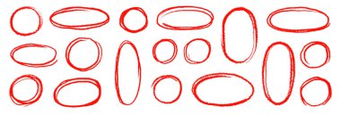 El çizimi kırmızı, oval çerçeve seti. Boya kalemi, işaret fırçası darbesi oval altı çizili element paketi. El çizimi kalem darbesi çizimi çizim çizimi vektör çizimi