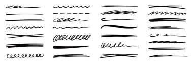 Çizgi fırça işareti altı çizili vektör seti. El çizimi karalama, kalem fırçası darbesi, altı çizili. İşaret vurgusu karalama çizimi grunge vurgusu. Vektör illüstrasyonu