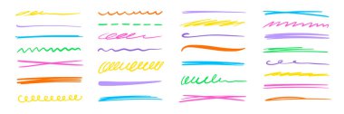 Çizgi fırça işareti renk vuruşu vektör seti. El çizimi karalama, kalem fırçası darbesi, altı çizili. İşaretleyici vurgu, renkli karalama, grunge vurgusu. Vektör illüstrasyonu.