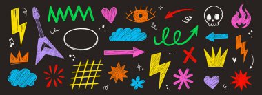 El yapımı punk rock yıldızı grunge dövmesi karalama ikonu seti. Pastel fırça darbesi robot resim çizimi, punk rock yıldırım dövmesi. Renkli kalemle müzik yıldızı çizimi.