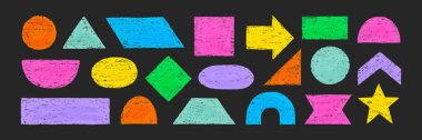 Renkli kalem desen seti. El çizimi karalama pastel boya fırçası çocuk geometrik şekil çemberi, üçgen, kare pastel arka plan. Çocuksu kalem figürü vektör çizimi