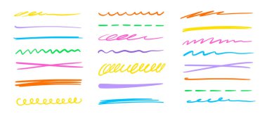 Çizgi fırça işareti renk vuruşu vektör seti. El çizimi karalama, kalem fırçası darbesi, altı çizili. İşaretleyici vurgu, renkli karalama, grunge vurgusu. Vektör illüstrasyonu.