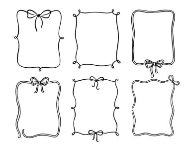 Baş çerçeve kurdele, sınır klasik el çizimi seti. Elle çizilmiş eskiz tarzı yay çerçeve dekoratif siyah klasik süs. Zarif karalama bayramı, düğün kurdele sınırı. Vektör illüstrasyonu