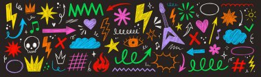 El yapımı punk rock yıldızı grunge heart doodle ikon seti. Pastel fırça darbesi çizimi çizim tarzı rock yıldızı, kalp şeklinde. Pastel boya müzik vektörü çizimi