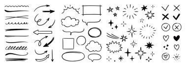 Satır oku el çizilmiş biçim fırçası altı çizili eleman vektörü ayarlandı. El çizimi, çizim, çember, yıldız fırçası darbesi, altçizgi simgesi. İşaretleyici karalama çizim vektör illüstrasyonu