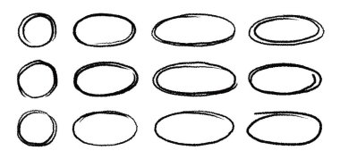 İşaretleyici fırça işareti karalama çizgi daire çerçeve seti. El çizimi keçeli kalem fırça darbesi yuvarlak, dairesel vurgulama çerçeve elemanı. Çizim yuvarlak el çizimi vektör illüstrasyonu