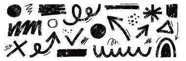 Fırça çizgisi şeklindeki arka plan soyut doku boya seti. El çizimi, karalama, karalama, fırça, geometrik şekil, pastel boya efekti arka planı. Soyut ok, daire, zigzag vektör çizimi.
