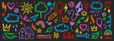 Çocuk boya kalemi çizgisi bulutu, çiçek çocuk çıkartması seti. El çizimi pastel karalama çizimi çocuksu şirin element seti. Tebeşir yıldızı, kalp, çiçek rengi, sevimli element arkaplan. Vektör illüstrasyonu