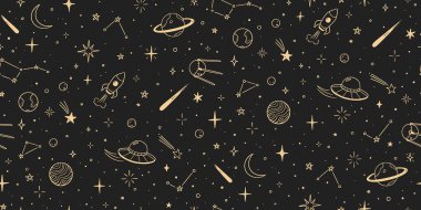 Uzay yıldızı vektörü kusursuz desen. El çizimi çizimi çizim çizimi tarzı galaksi yıldızı, roket, ay ışığı, kusursuz çocuk deseni. Uzay Gezegeni Çocuğu karalama geçmişi. Vektör illüstrasyonu