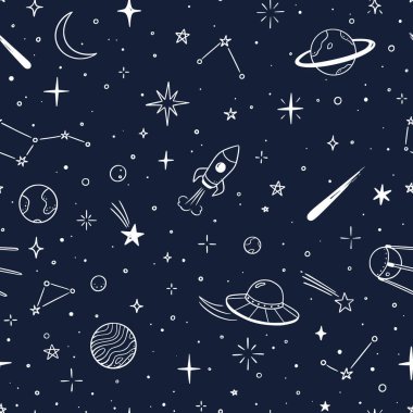 Uzay yıldızı vektörü kusursuz desen. El çizimi çizimi çizim çizimi tarzı galaksi yıldızı, roket, ay ışığı, kusursuz çocuk deseni. Uzay Gezegeni Çocuğu karalama geçmişi. Vektör illüstrasyonu