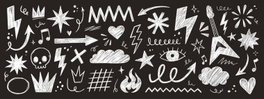 El yapımı punk rock yıldızı grunge heart doodle ikon seti. Pastel fırça darbesi çizimi çizim tarzı rock yıldızı, kalp şeklinde. Pastel boya müzik vektörü çizimi