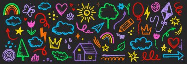 Çocuk boya kalemi çizgisi bulutu, çiçek çocuk unsuru hazır. El çizimi pastel karalama çizimi çocuksu bir element seti. Tebeşir kalbi, bulut, çiçek rengi şirin tasarım elementi. Vektör illüstrasyonu