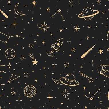 Uzay yıldızı galaksisinin kusursuz şekli. El çizimi çizimi çizim çizimi tarzı galaksi yıldızı, roket, ay şeklinde tatlı gökyüzü arka planı. Uzay Gezegeni Çocuğu Evren Şablonu çiziyor. Vektör illüstrasyonu