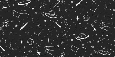 Uzay yıldızı vektörü kusursuz desen. El çizimi çizimi çizim çizimi tarzı galaksi yıldızı, roket, ay ışığı, kusursuz çocuk deseni. Uzay Gezegeni Çocuğu karalama geçmişi. Vektör illüstrasyonu
