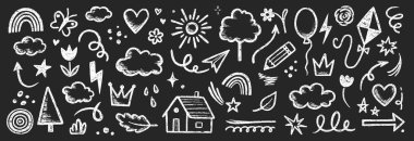Çocuk boya kalemi çizgisi bulutu, çiçek çocuk çıkartması seti. El çizimi pastel karalama çizimi çocuksu şirin element seti. Tebeşir yıldızı, kalp, çiçek rengi, sevimli element arkaplan. Vektör illüstrasyonu