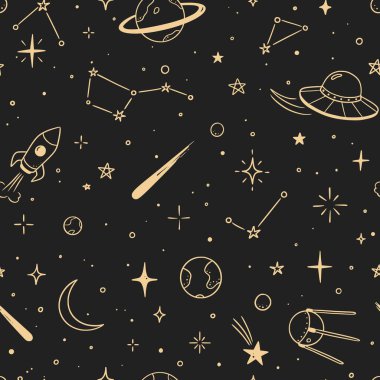 Uzay yıldızı vektörü kusursuz desen. El çizimi çizimi çizim çizimi tarzı galaksi yıldızı, roket, ay ışığı, kusursuz çocuk deseni. Uzay Gezegeni Çocuğu karalama geçmişi. Vektör illüstrasyonu
