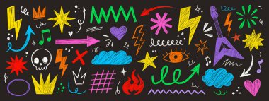 El yapımı punk rock yıldızı grunge heart doodle ikon seti. Pastel fırça darbesi çizimi çizim tarzı rock yıldızı, kalp şeklinde. Pastel boya müzik vektörü çizimi
