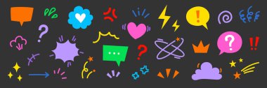 Komik şirin konuşma balonu çizgi film efekti element simgesi seti. Komik şirin konuşma balonu, emoji, yıldız kıvılcımı, çizgi hareket çizgi film ikonu. Karalama kalp, ok, komik kıvılcım. Vektör illüstrasyonu